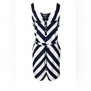 Cache Navy White Chevron Stripe Mini Dress Nautical Tie Waist- Small